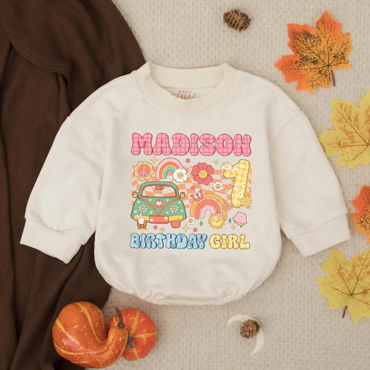 Personalized Groovy First Birthday Girl Bubble Romper Madison Design with Vintage Van Flowers Peace Signs Rainbows Colorful Retro Outfit