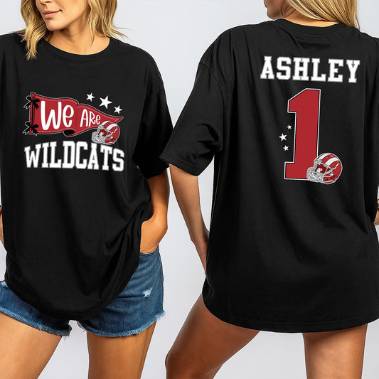 Custom Wildcats We Are Spirit T-Shirt Personalized Name Number School Team Game Day Fan Apparel Red White Helmet Stars