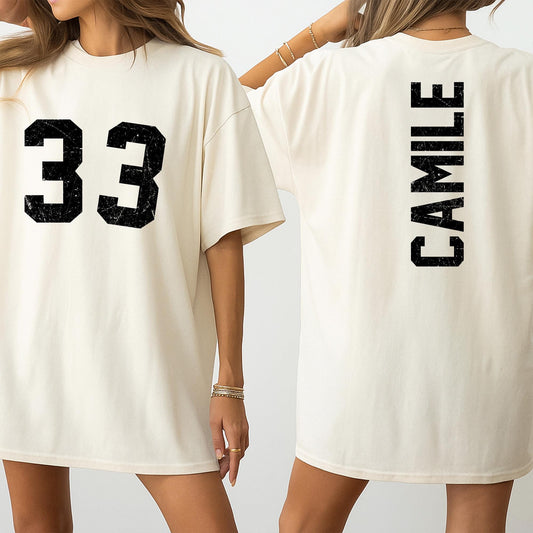 Custom Camile Football Shirt, Personalized School Team Tee with Distressed 33 Number, Game Day Sports Spirit Top, Vintage Style Team Pride Outfit (138 chars)