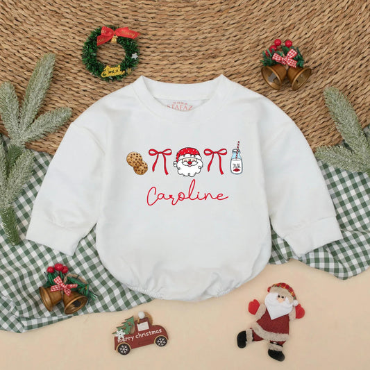 Personalized Santa Baby Romper Bubble "Caroline" Cute Christmas Cookies Milk Ribbons Holiday Photo Outfit for Baby Girl First Christmas Gift 138