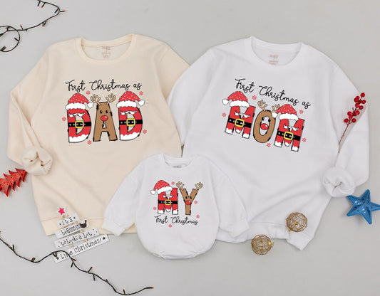 Matching First Christmas Family Sweaters: Festive Mom, Dad & My Designs with Santa Hats & Reindeer Antlers! Perfect Mother's Day Gift
