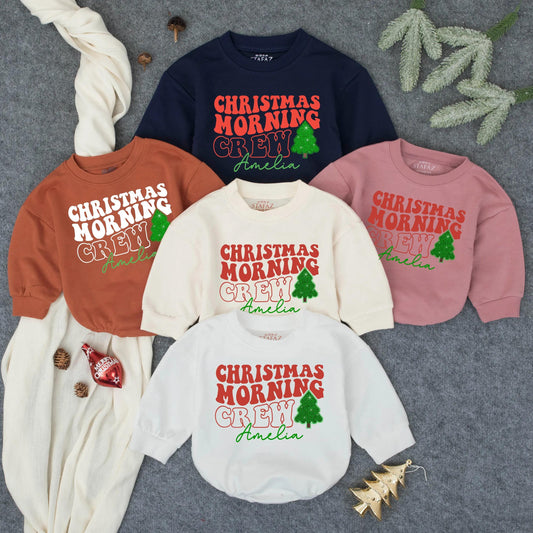 Christmas Morning Crew Sequin Bubble Romper Baby Girl Outfit First Christmas Gift Toddler Holiday Clothes Sparkly & Festive