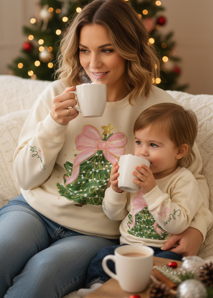 Personalized Whimsical Christmas Tree Sweatshirt Mom Daughter Matching Outfit Festive Bow Star Green Sleeve Name Custom Kid Gift 130 Chars