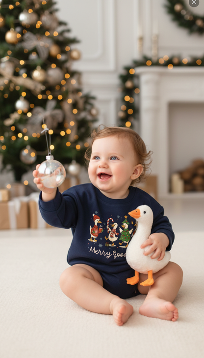 Merry Goosmas Baby Romper: Funny Goose Christmas Outfit for Infant, Toddler Holiday Clothes & Gift, Cute Vintage Design