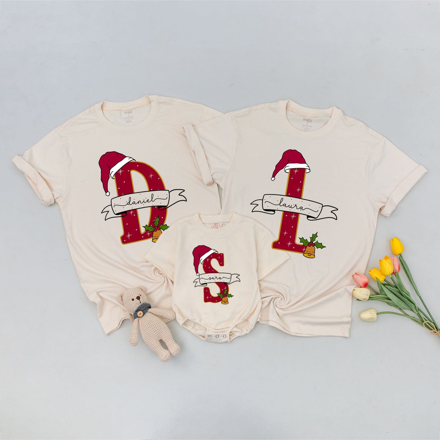 Christmas Santa Claus Hat Personalized Family Matching Shirts - Custom Outfits for Baby, Mom & Dad