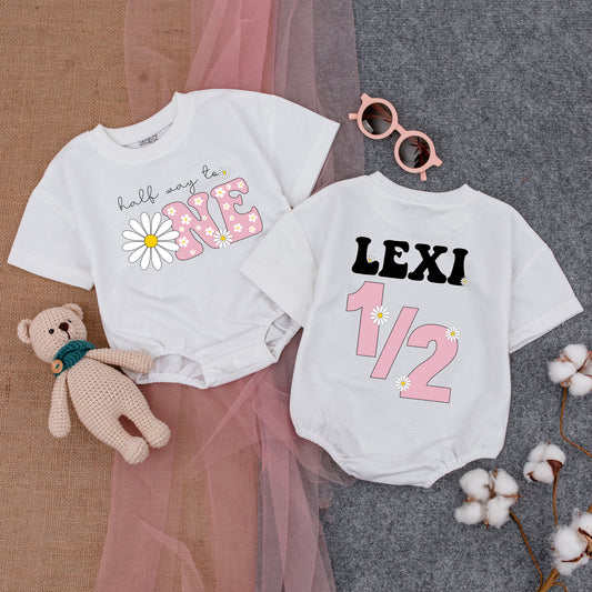 Charming Half-Birthday Daisy Romper, Customizable 1st Birthday Outfit
