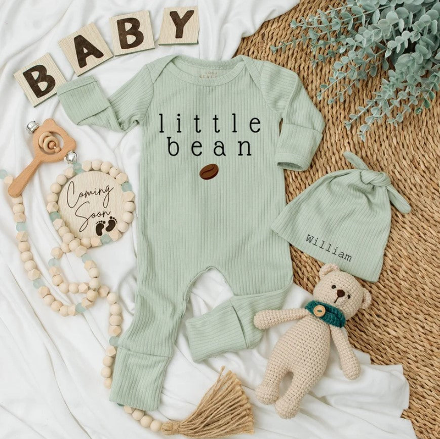 Personalized Little Bean Coffee Baby Bodysuit & Hat: Unisex Gift Set