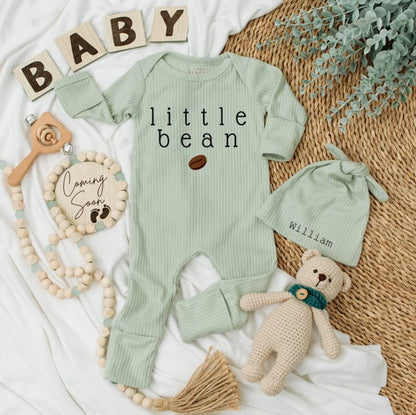 Personalized Little Bean Coffee Baby Bodysuit & Hat: Unisex Gift Set