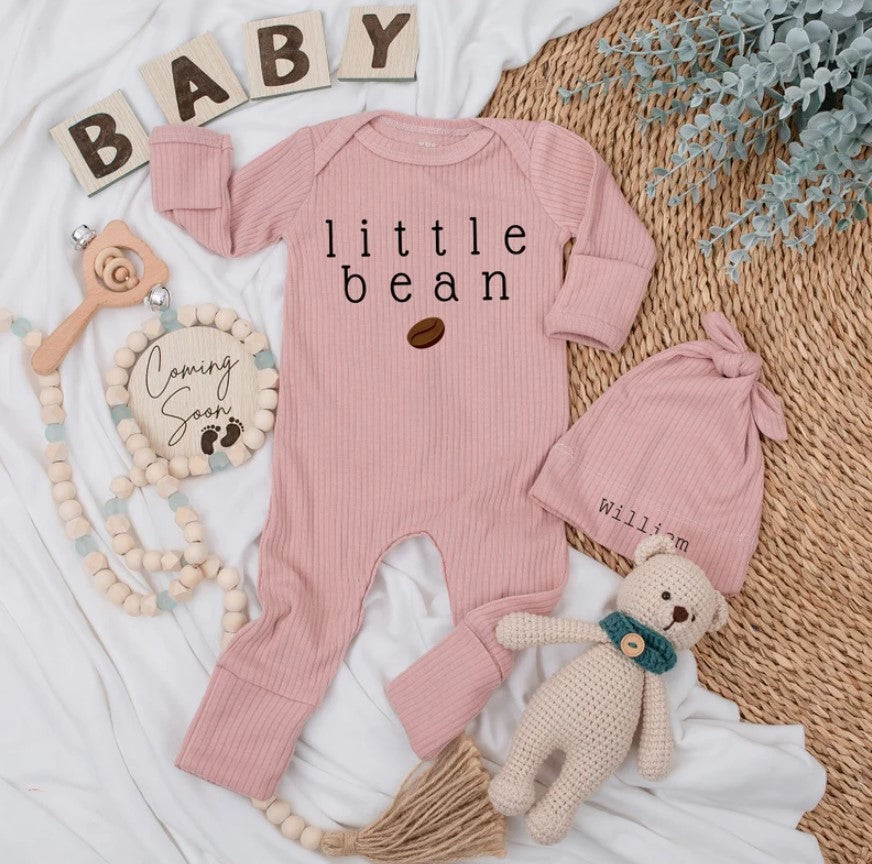 Personalized Little Bean Coffee Baby Bodysuit & Hat: Unisex Gift Set