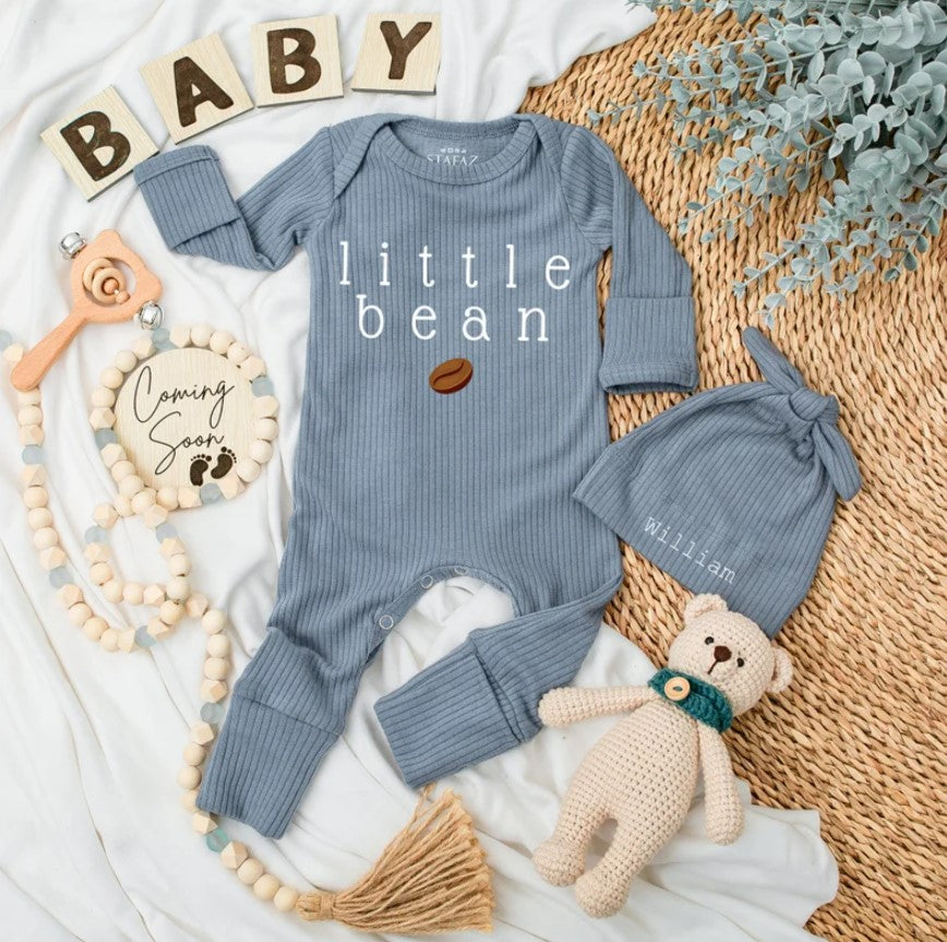 Personalized Little Bean Coffee Baby Bodysuit & Hat: Unisex Gift Set