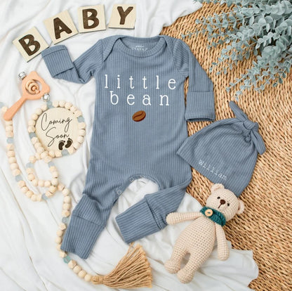Personalized Little Bean Coffee Baby Bodysuit & Hat: Unisex Gift Set