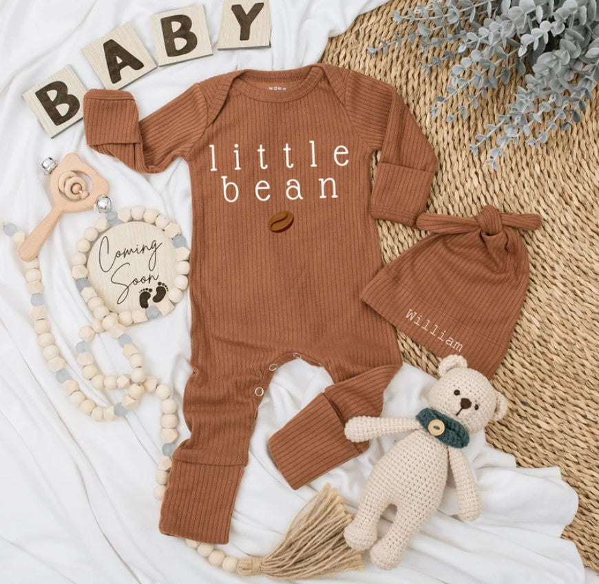 Personalized Little Bean Coffee Baby Bodysuit & Hat: Unisex Gift Set