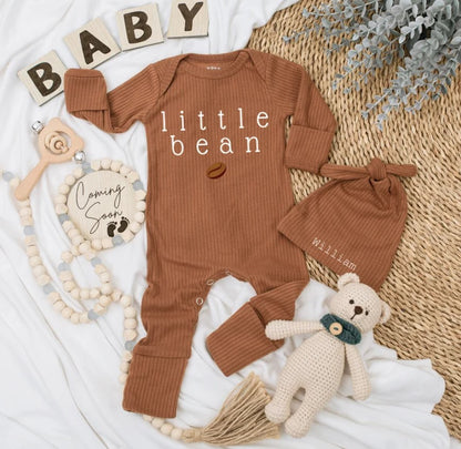 Personalized Little Bean Coffee Baby Bodysuit & Hat: Unisex Gift Set