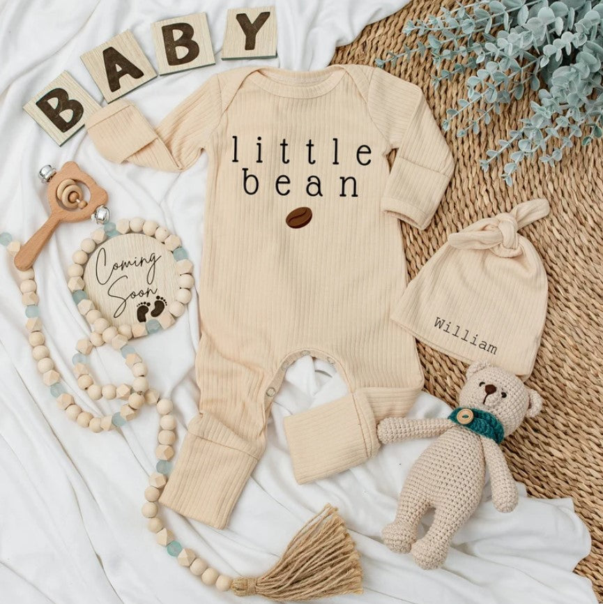 Personalized Little Bean Coffee Baby Bodysuit & Hat: Unisex Gift Set