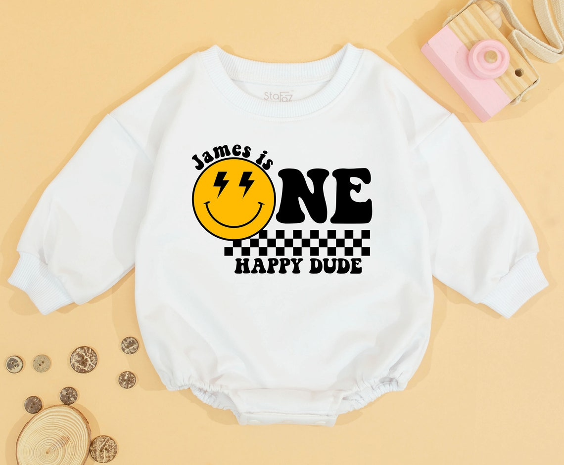 Cheerful 1st Birthday Bodysuit: One Happy Dude's Personalized Outfit