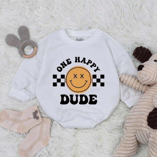 First Birthday Smiley Face Romper: Baby Sweatshirt Romper for Happy Dude