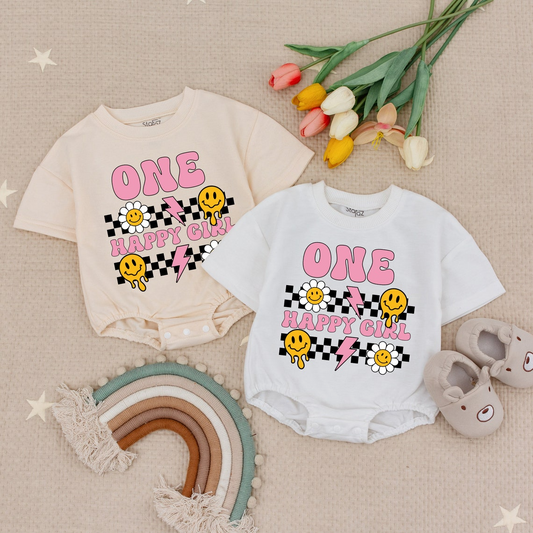 1st Birthday Baby Bodysuit - Cute Happy Face Bubble Romper for Girls