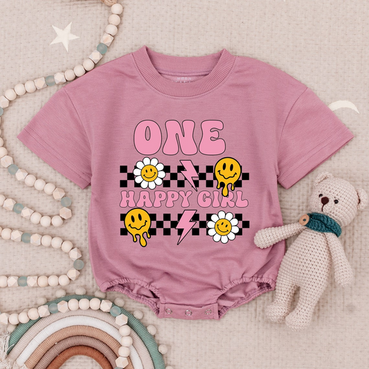1st Birthday Baby Bodysuit - Cute Happy Face Bubble Romper for Girls