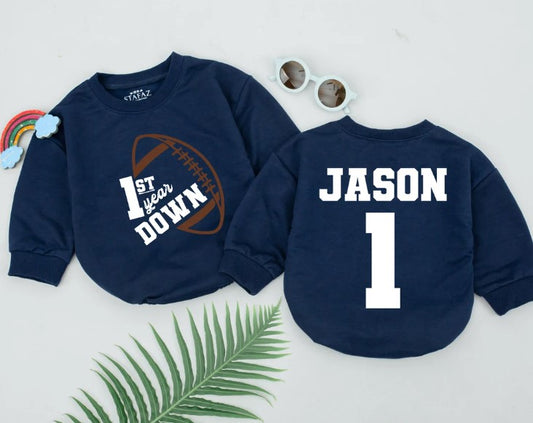Personalized Football 1st Birthday Romper, 1st Year Down Bodysuit for Boys
