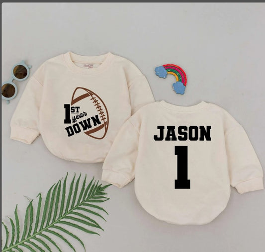 Personalized Football 1st Birthday Romper, 1st Year Down Bodysuit for Boys