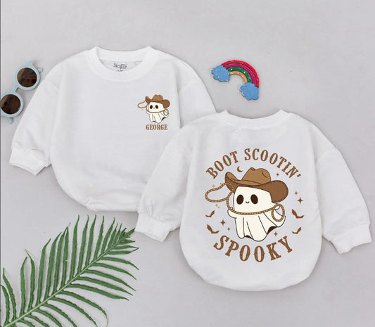 Halloween Babies Cowboy Romper: Ghost Boots & Scooting Outfit