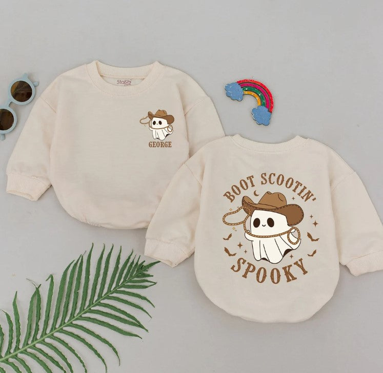 Halloween Babies Cowboy Romper: Ghost Boots & Scooting Outfit