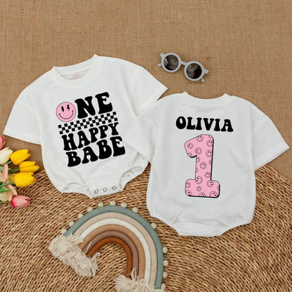 Smiley Face Baby Bodysuit: Personalized Birthday Cake Smash Outfit