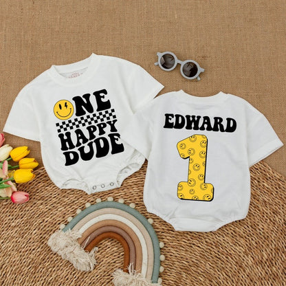 Smiley Face Bodysuit for Boys- Custom Happy Dude Romper 1st Birthday
