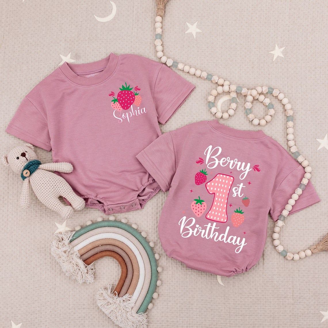 1st Birthday Girl's Strawberry Romper: Custom Bodysuit, Bubble Style