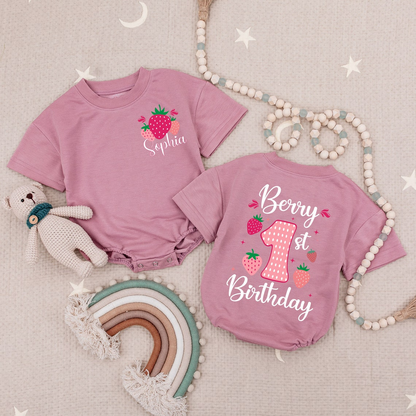 1st Birthday Girl's Strawberry Romper: Custom Bodysuit, Bubble Style