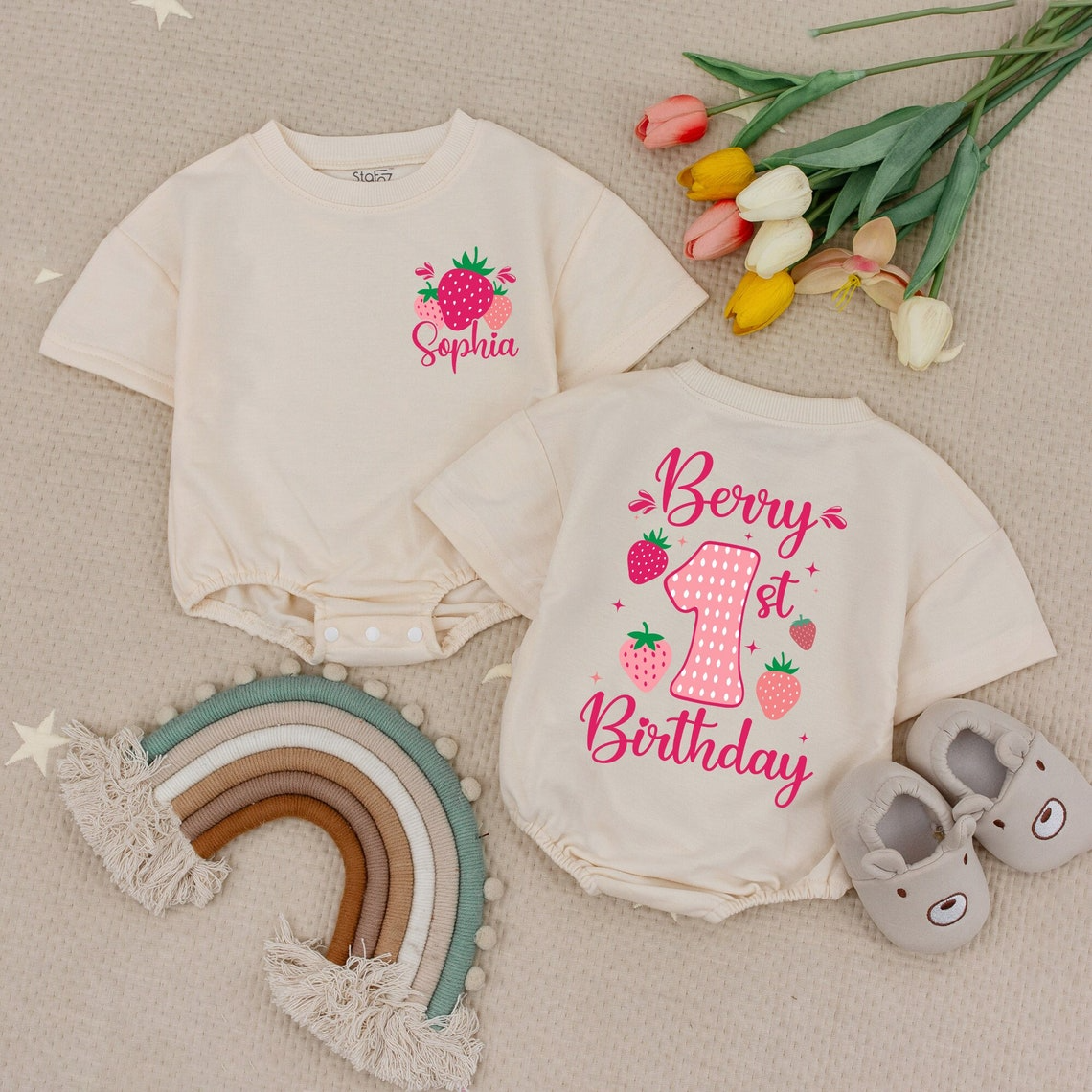 1st Birthday Girl's Strawberry Romper: Custom Bodysuit, Bubble Style