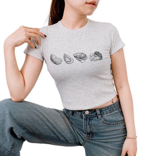 Trendy 90s Aesthetic, Vintage Baby Tee, Oyster Graphic, Short Sleeve Crop Top