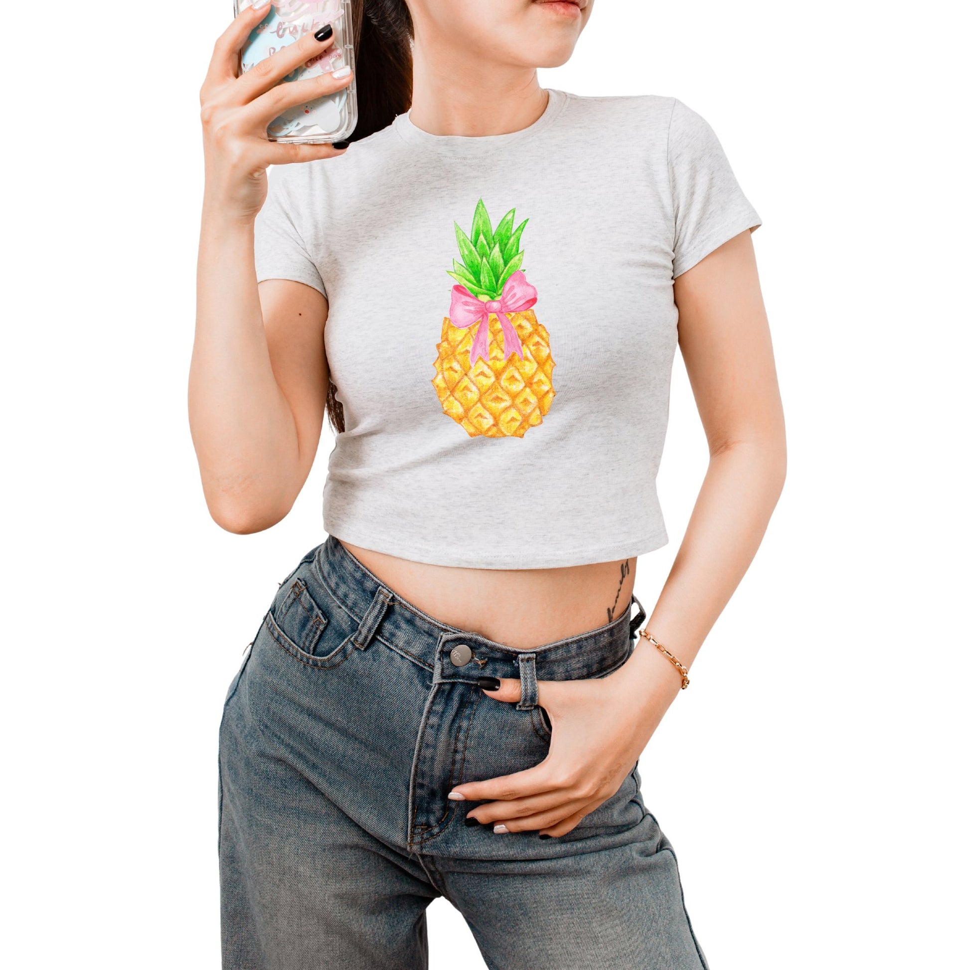 Chic Vintage Pineapple Crop Tee for Teens - Short Sleeves & Aesthetic Prints