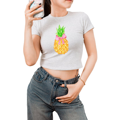Chic Vintage Pineapple Crop Tee for Teens - Short Sleeves & Aesthetic Prints