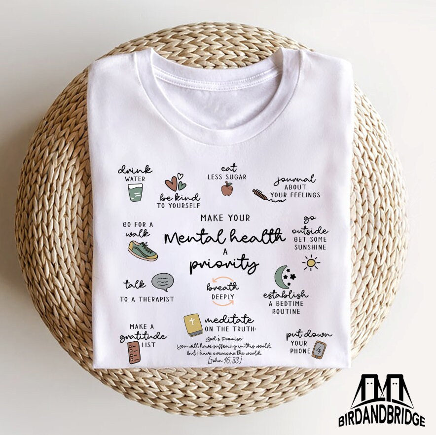 Mental Health Matters Shirt with Hand-Drawn Graphics & Positive Affirmations, Inspirational Anxiety Support Tee, Counselor Therapist Gift, BB1279