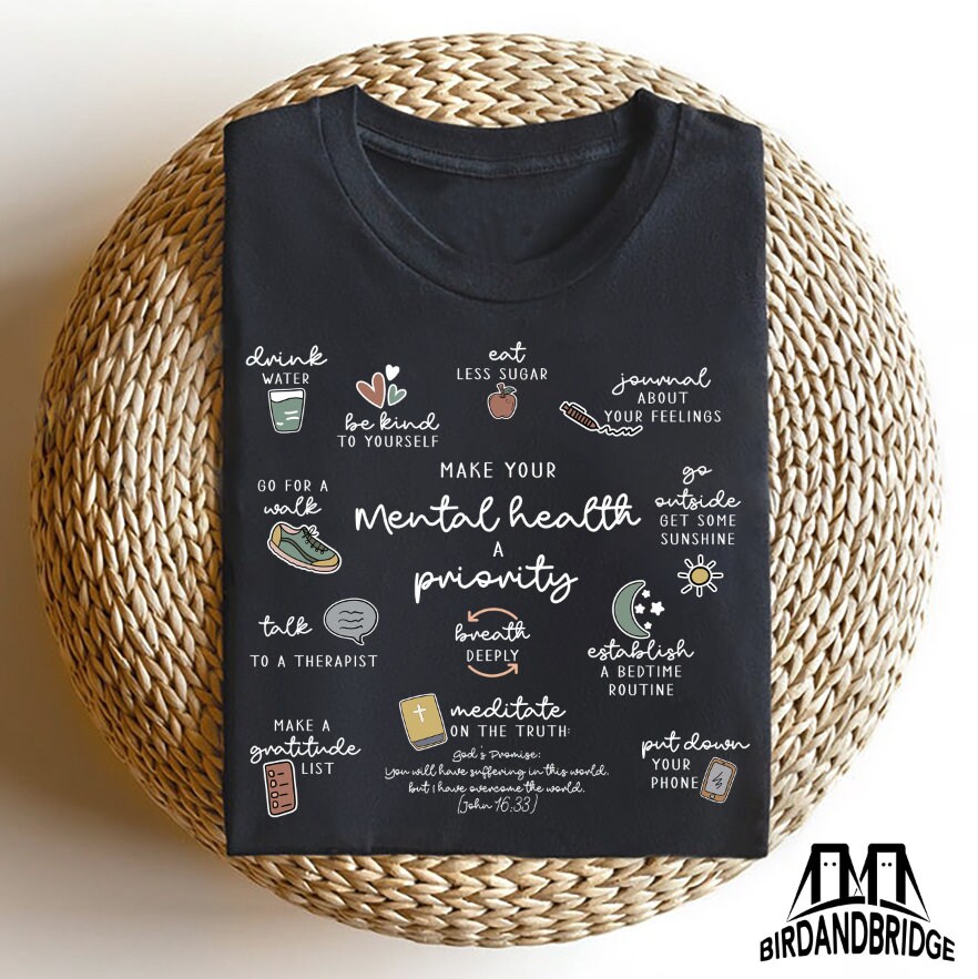 Mental Health Matters Shirt with Hand-Drawn Graphics & Positive Affirmations, Inspirational Anxiety Support Tee, Counselor Therapist Gift, BB1279