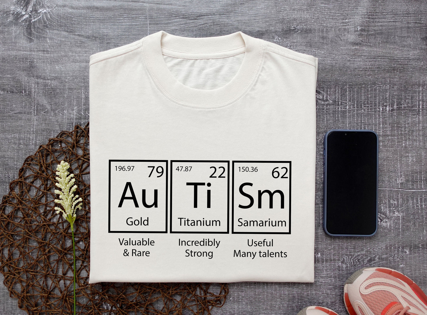 Autism Acceptance & Awareness Advocate Unisex T-shirt Periodic Table Design, a comfortable cotton tee for teachers, moms, and neurodiversity supporters.