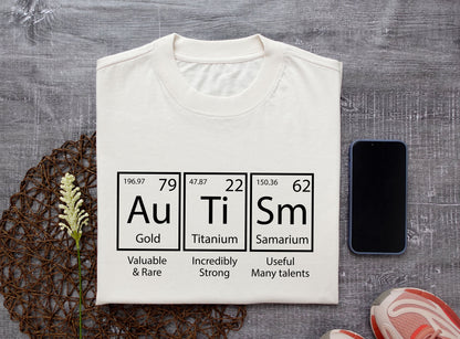 Autism Acceptance & Awareness Advocate Unisex T-shirt Periodic Table Design, a comfortable cotton tee for teachers, moms, and neurodiversity supporters.