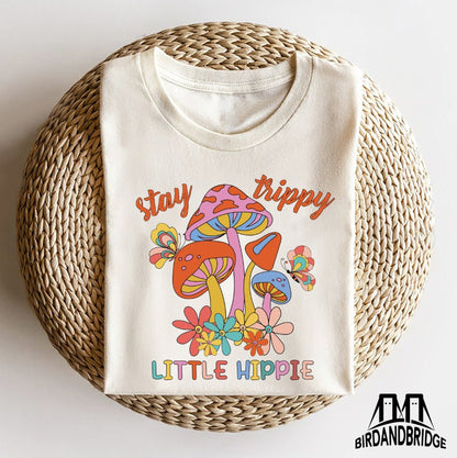 Stay Trippy Little Hippie Mushroom Shirt Retro Vintage Groovy Flower Butterfly Design Vibrant Boho Nature Lover Kids Youth Summer Apparel Soft Comfortable Cotton Tee