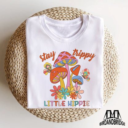 Stay Trippy Little Hippie Mushroom Shirt Retro Vintage Groovy Flower Butterfly Design Vibrant Boho Nature Lover Kids Youth Summer Apparel Soft Comfortable Cotton Tee