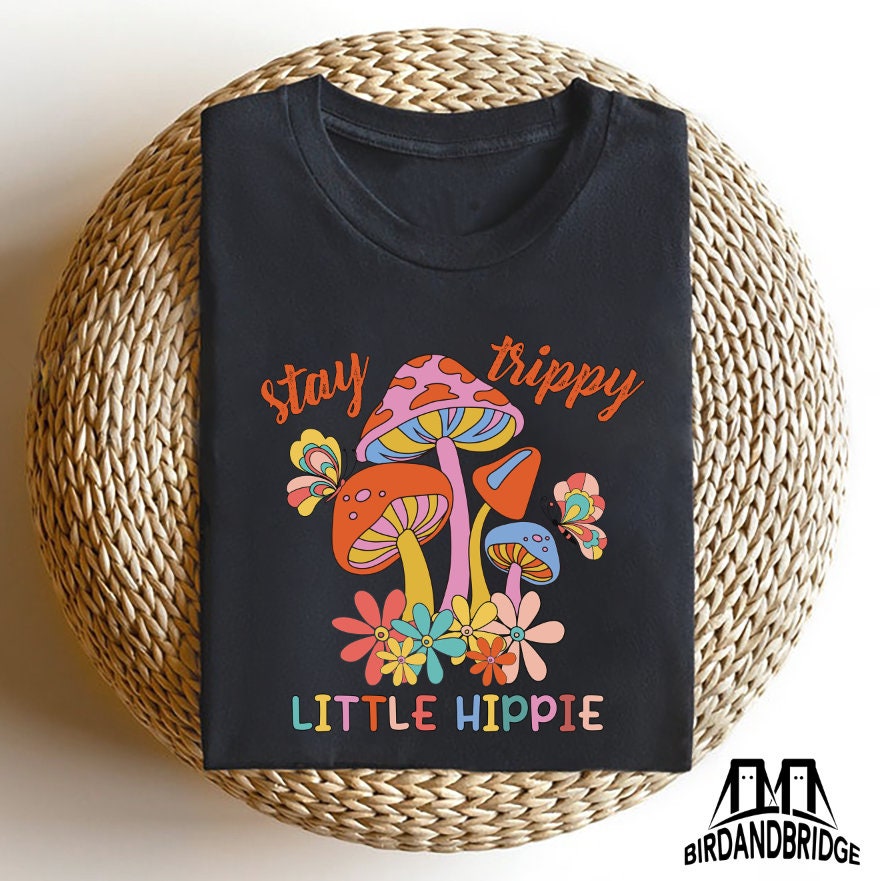 Stay Trippy Little Hippie Mushroom Shirt Retro Vintage Groovy Flower Butterfly Design Vibrant Boho Nature Lover Kids Youth Summer Apparel Soft Comfortable Cotton Tee