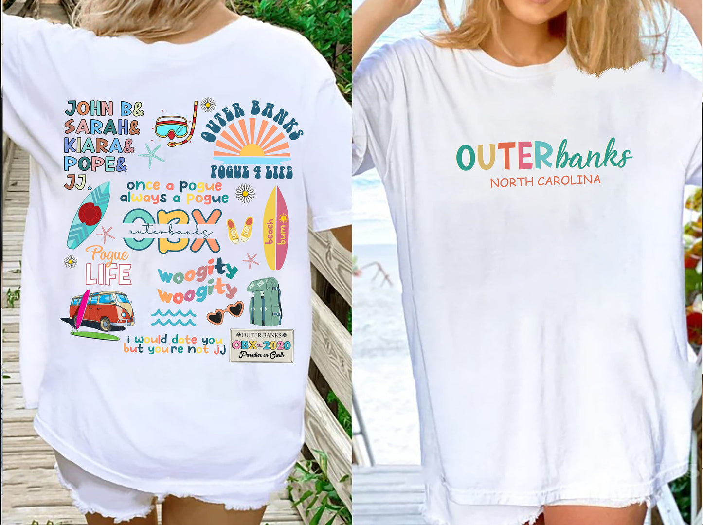 Outer Banks Pogue Life Shirt Unisex OBX North Carolina Summer Tee featuring John B, Sarah, Kiara, Pope, JJ & Surfboard, Comfortable Cotton