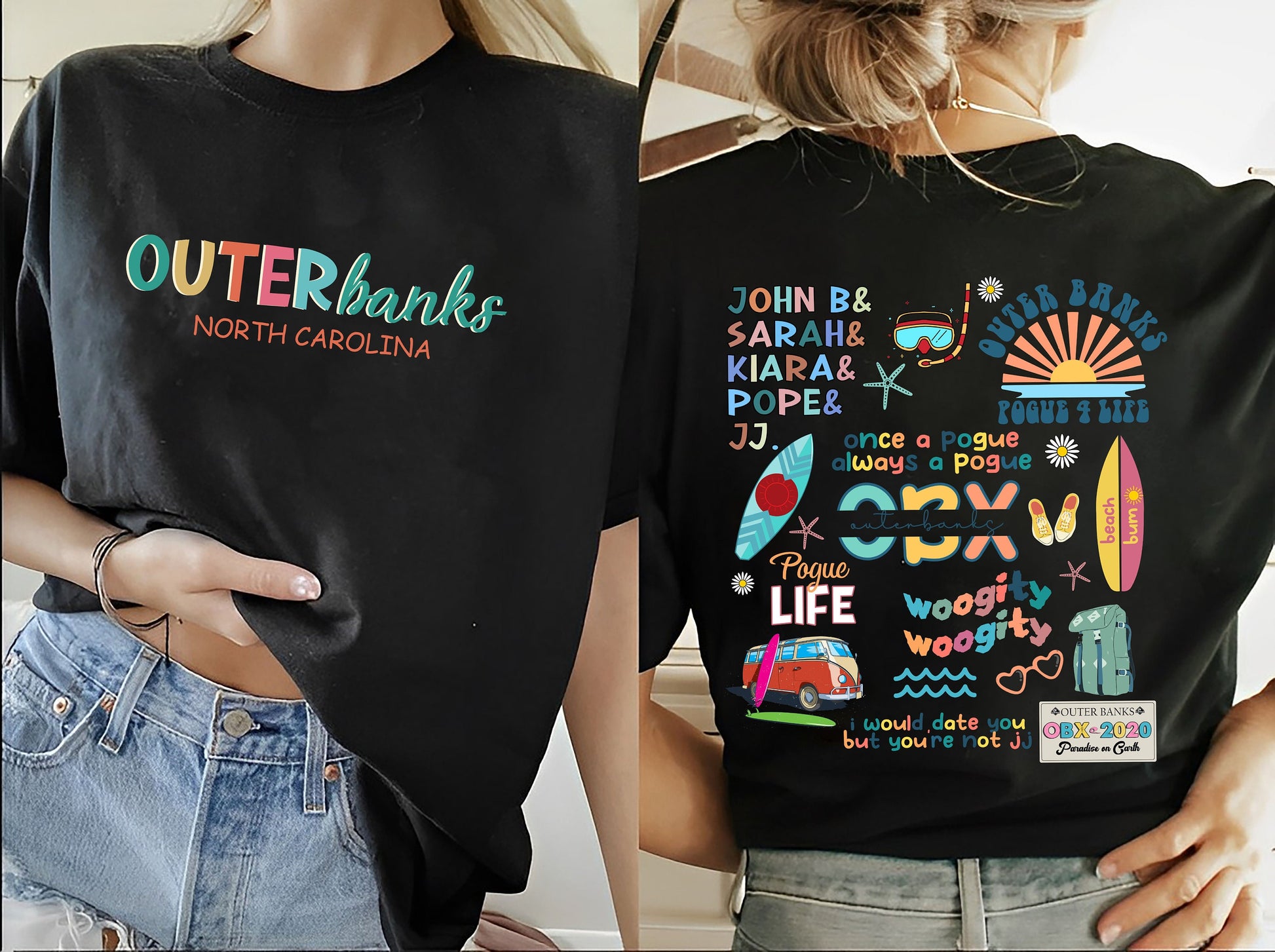 Outer Banks Pogue Life Shirt Unisex OBX North Carolina Summer Tee featuring John B, Sarah, Kiara, Pope, JJ & Surfboard, Comfortable Cotton