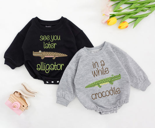Twin Baby Romper Set: Alligator & Crocodile Design Outfit
