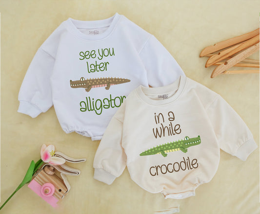 Twin Baby Romper Set: Alligator & Crocodile Design Outfit