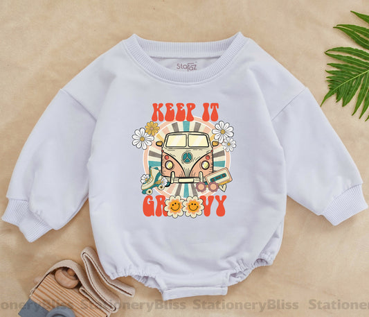STAFAZ Keep It Groovy Romper Retro Sweatshirt Hippie Floral Baby Girl 1st Birthday Gift