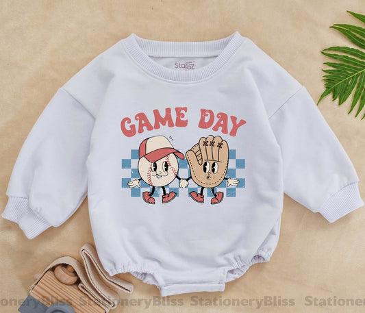 STAFAZ Retro Baseball Romper Baby One Piece Game Day Outfit Cute Vintage Baseball Jumpsuit for Little Sluggers