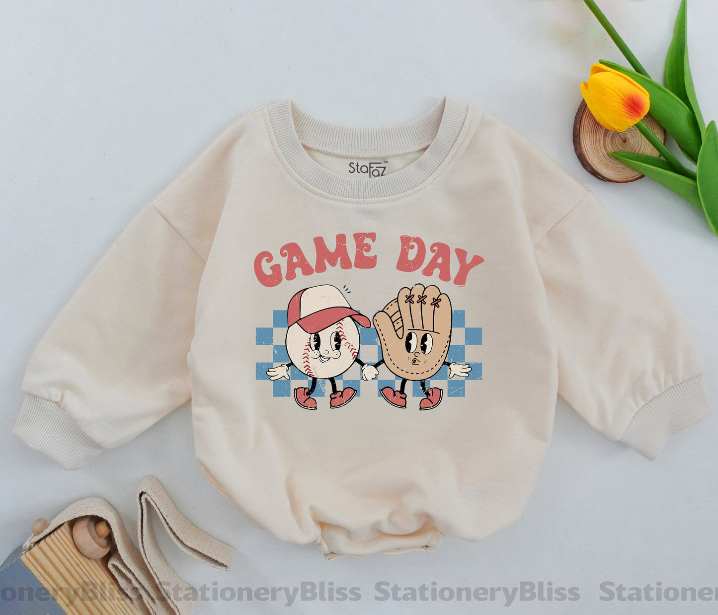 STAFAZ Retro Baseball Romper Baby One Piece Game Day Outfit Cute Vintage Baseball Jumpsuit for Little Sluggers