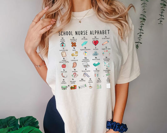 Unique Nurse Alphabet ABCs Shirt, Comfortable Nursing Appreciation Gift, Thoughtful Thank You Present for School Nurses Everyday Wear