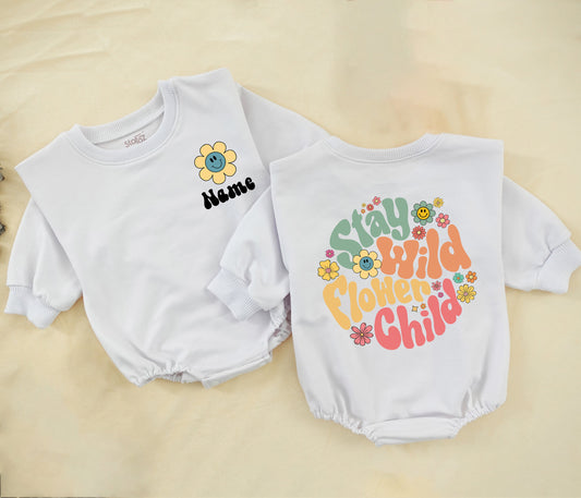 STAFAZ Stay Wild Flower Child Romper Baby Girl Retro Boho Hippie Bodysuit First Birthday Groovy Outfit Custom Name Gift